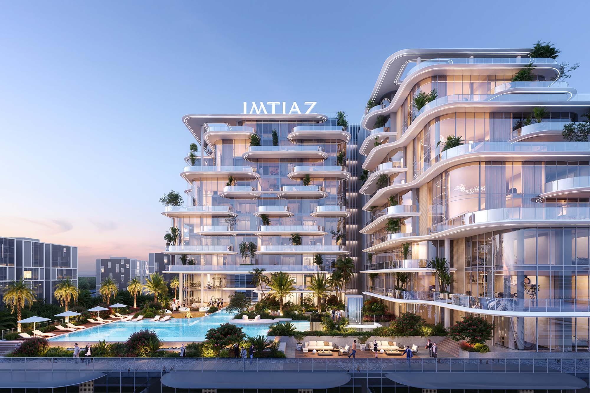 Cotier House By Imtiaz Modern luxury apartment building with curved balconies, surrounding pool, palm trees, and contemporary design.